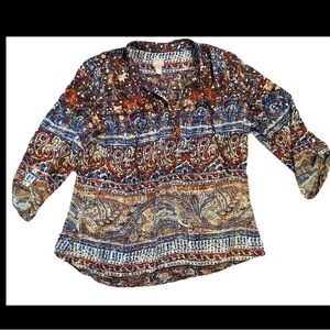 Chicos Tunic Womens Top Blouse Paisley Print 3/4 Sleeves Sz 2